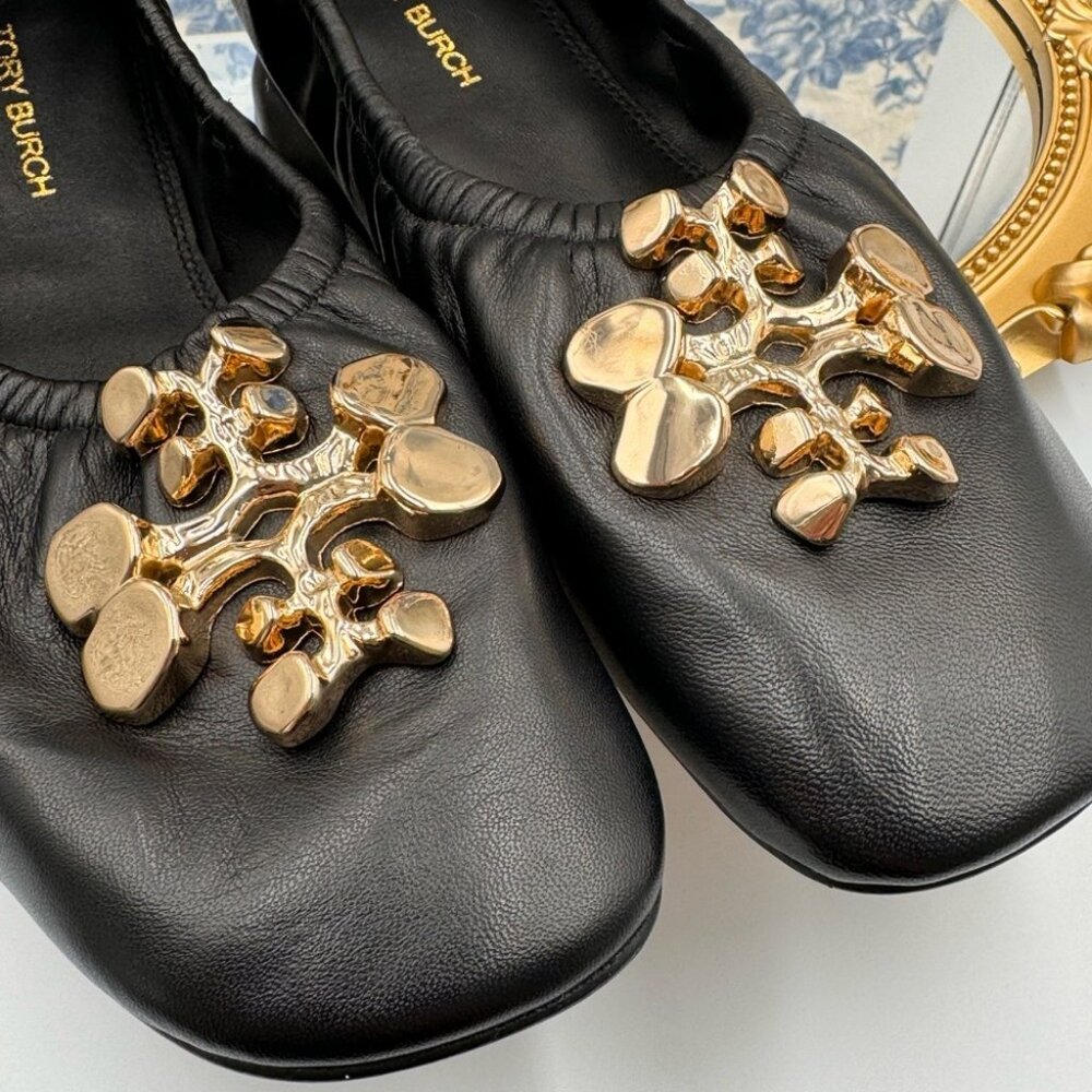 🆕 TORY BURCH 🧿 BNWOB Black Sheepskin Leather Abstract Logo Scrunch Ballet Flat - Picture 12 of 15